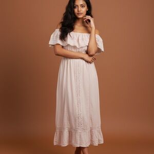 New- In Bloom One-Shoulder Ruffle Maxi Dress in Blush Pink